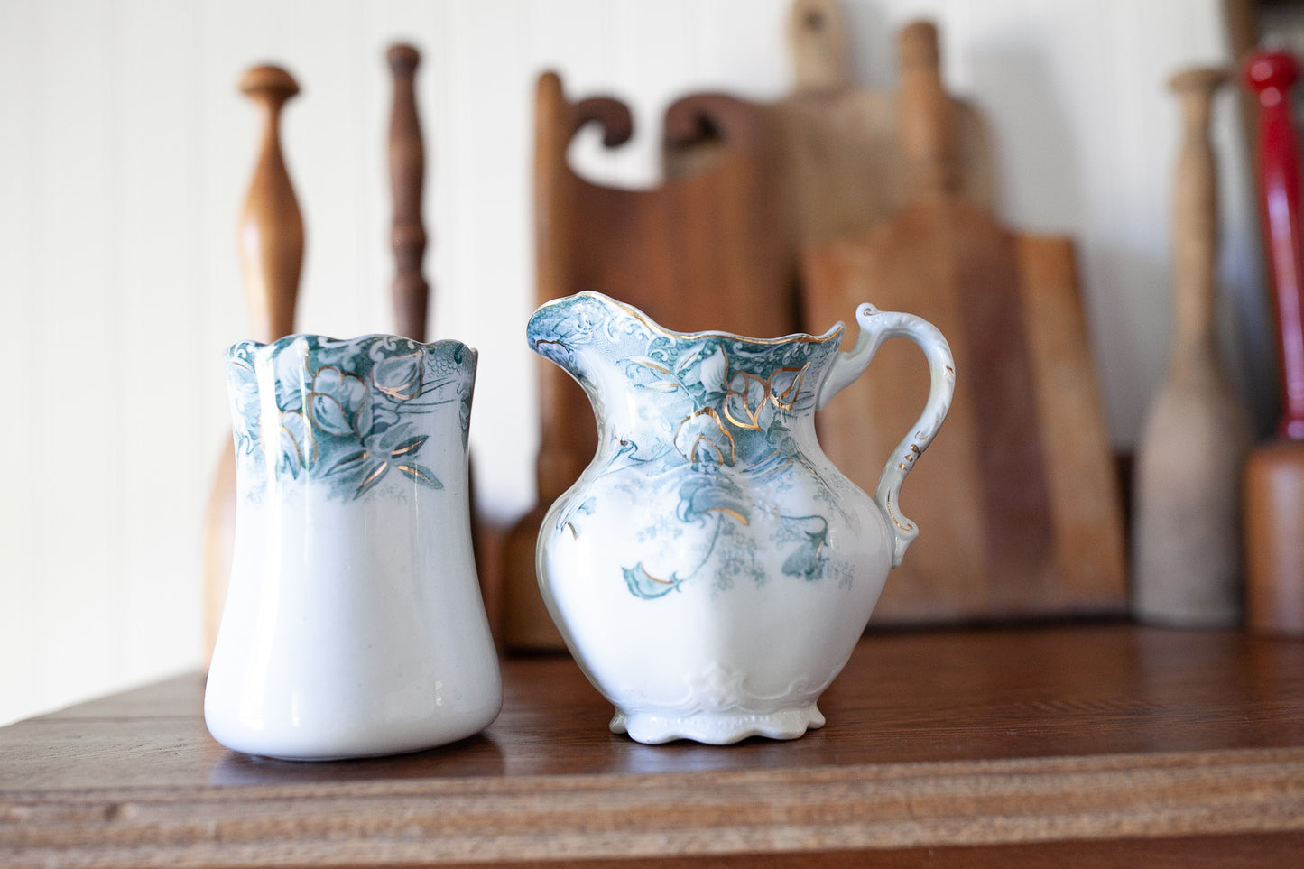 Antique Pitcher and cup -sweet pea hanley j&G meakin- Transferware