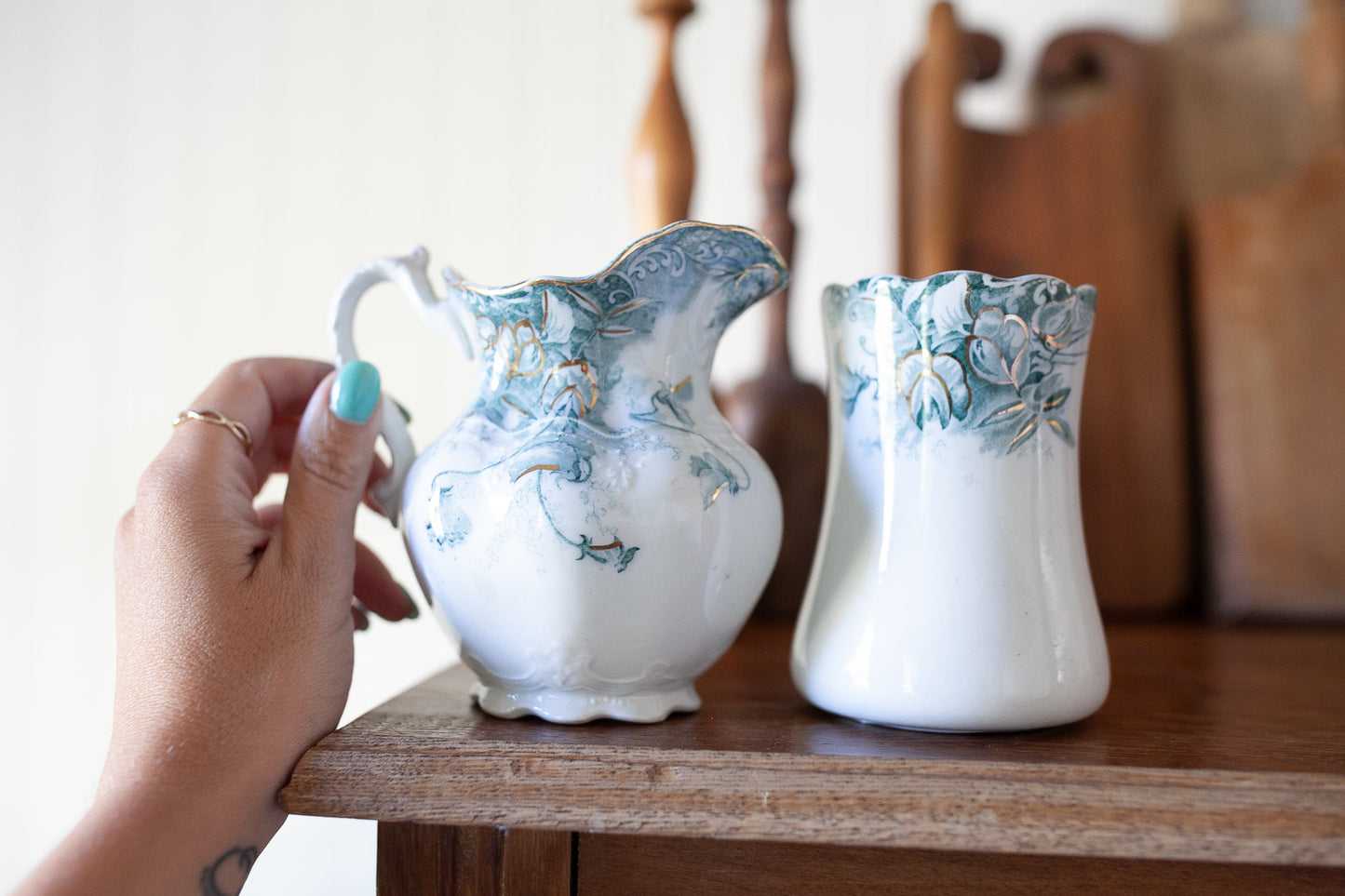 Antique Pitcher and cup -sweet pea hanley j&G meakin- Transferware