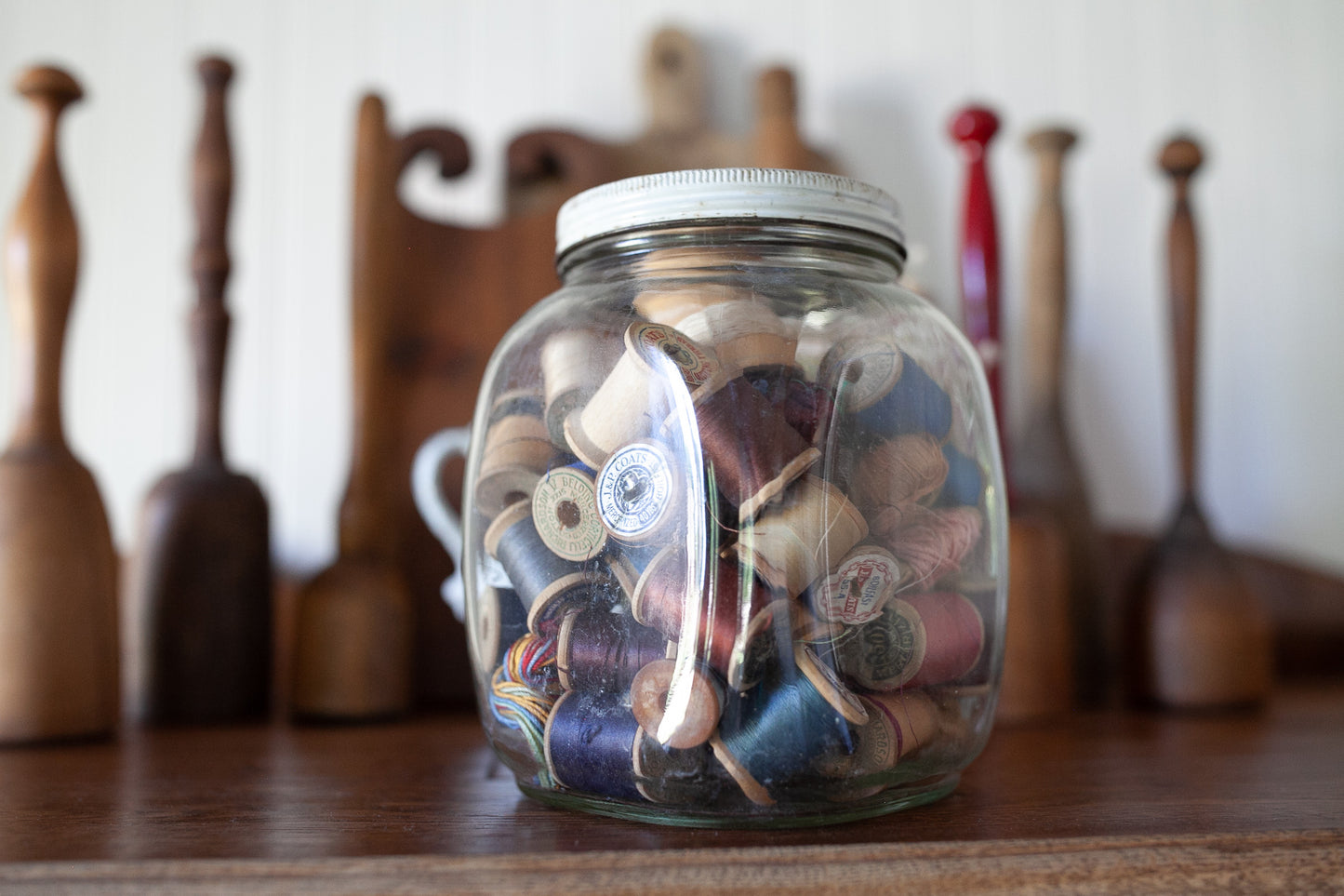 Vintage Glass Jar full of thread - Vintage Thread - Wooden Thread Spools- Vintage Sewing