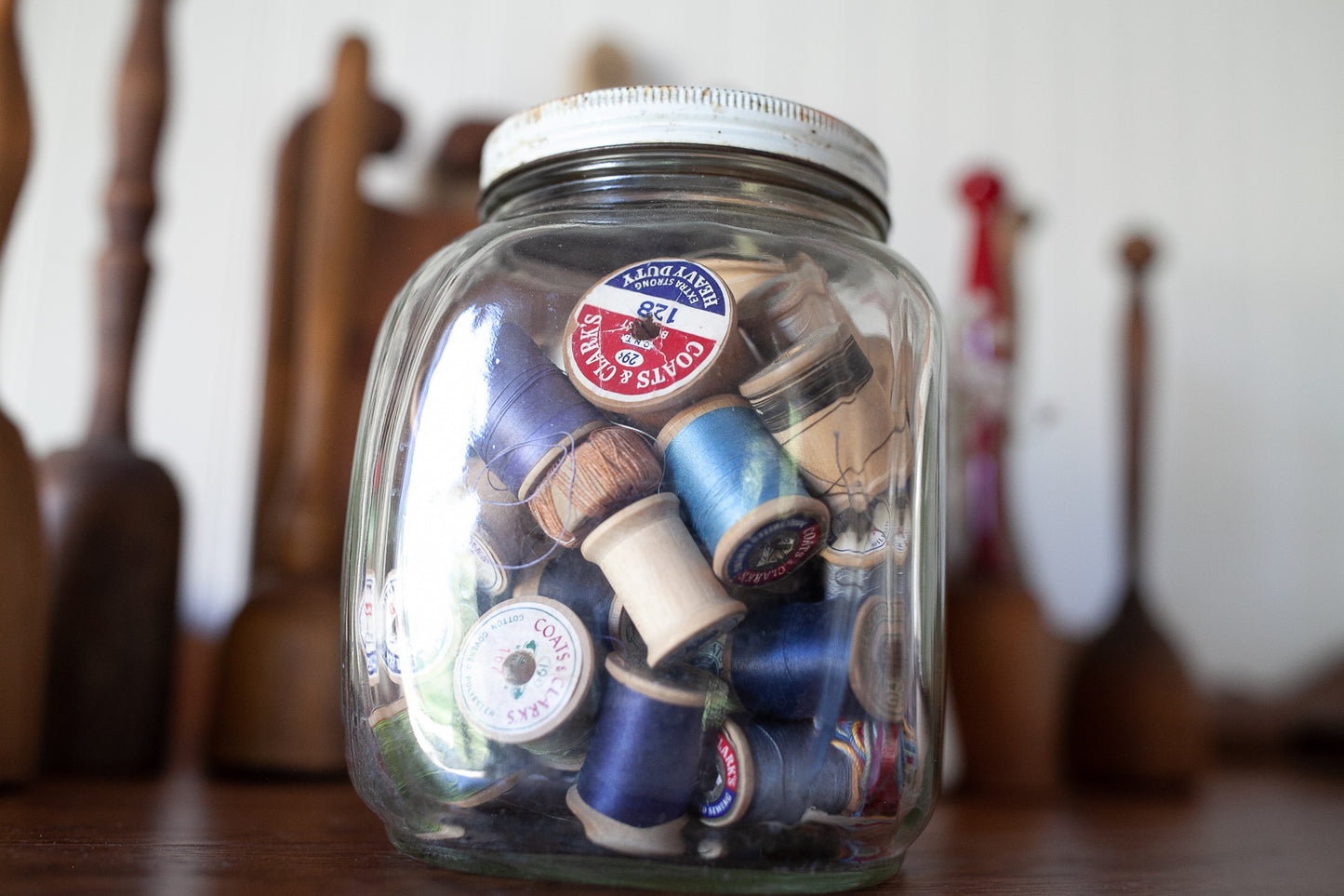 Vintage Glass Jar full of thread - Vintage Thread - Wooden Thread Spools- Vintage Sewing