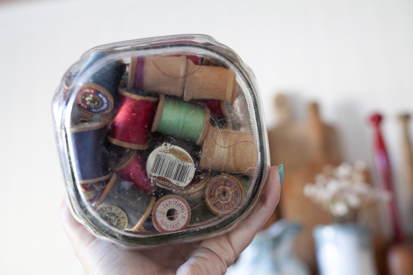 Vintage Glass Jar full of thread - Vintage Thread - Wooden Thread Spools- Vintage Sewing