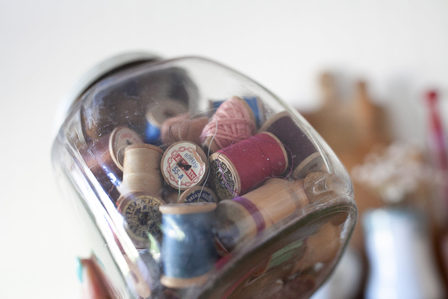 Vintage Glass Jar full of thread - Vintage Thread - Wooden Thread Spools- Vintage Sewing