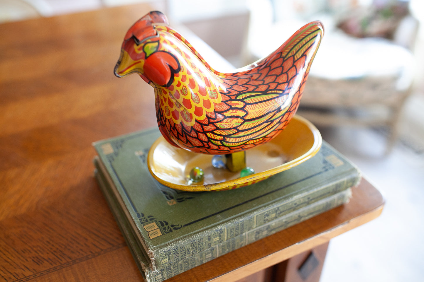 Vintage Toy- vintage Nesting Chicken- Vintage Large Egg Laying Chicken Wyandotte Tin Litho Mechanical Toy