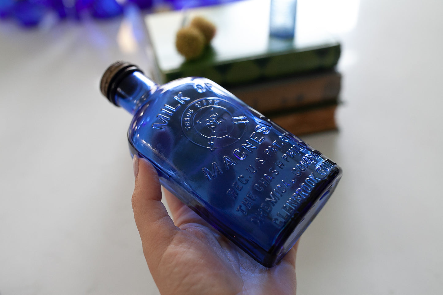 Vintage Cobalt Blue Glass Jar - Milk of Magnesia and Bromo Glass Jar