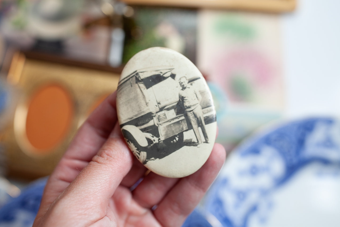Vintage Photo Button - Oval Button- Man and Truck -Grocer- Celluloid photo button