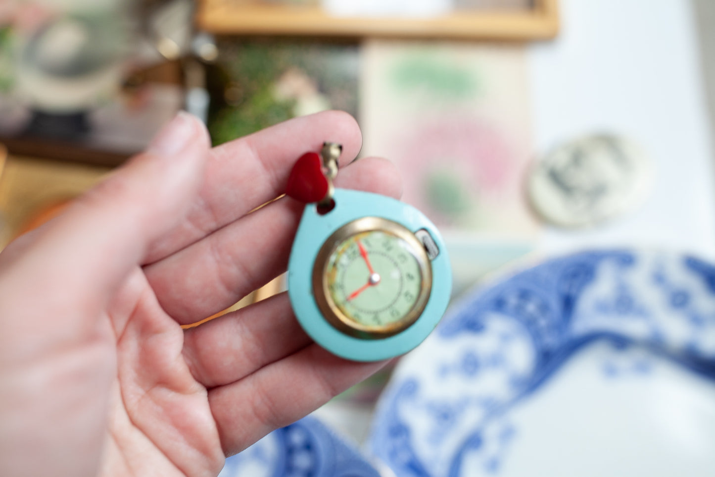 Vintage Enamel clock Pendant- Necklace watch - Blue Pendant