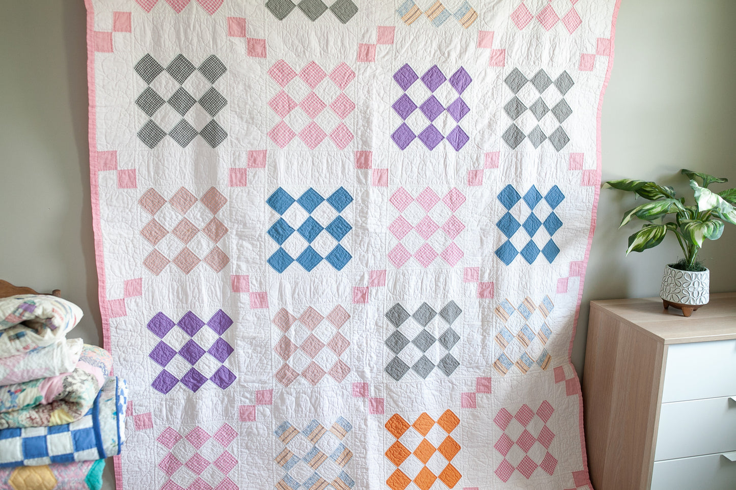 Diamond Quilt - Vintage Quilt - Pink Quilt