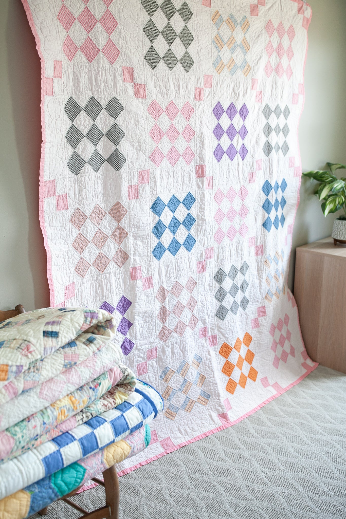 Diamond Quilt - Vintage Quilt - Pink Quilt