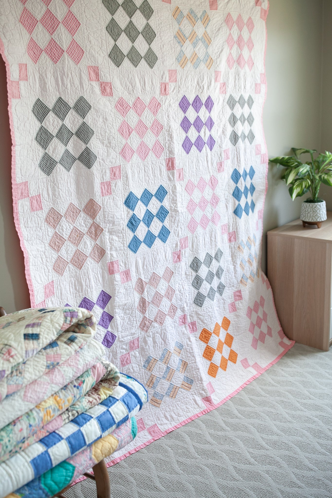 Diamond Quilt - Vintage Quilt - Pink Quilt