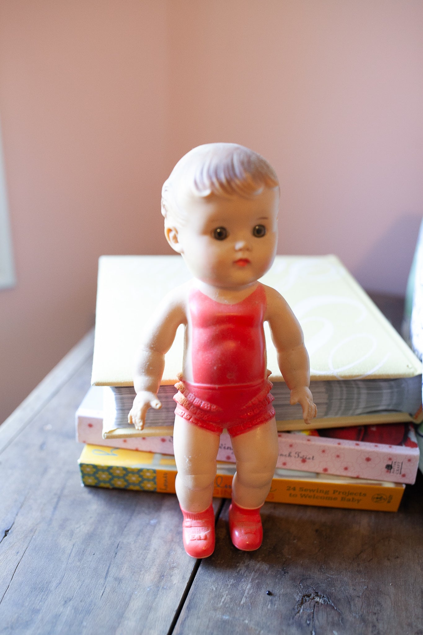 10 inch Tod-L-Dee Sun Rubber Co Girl Squeaker Doll in Red, Vintage