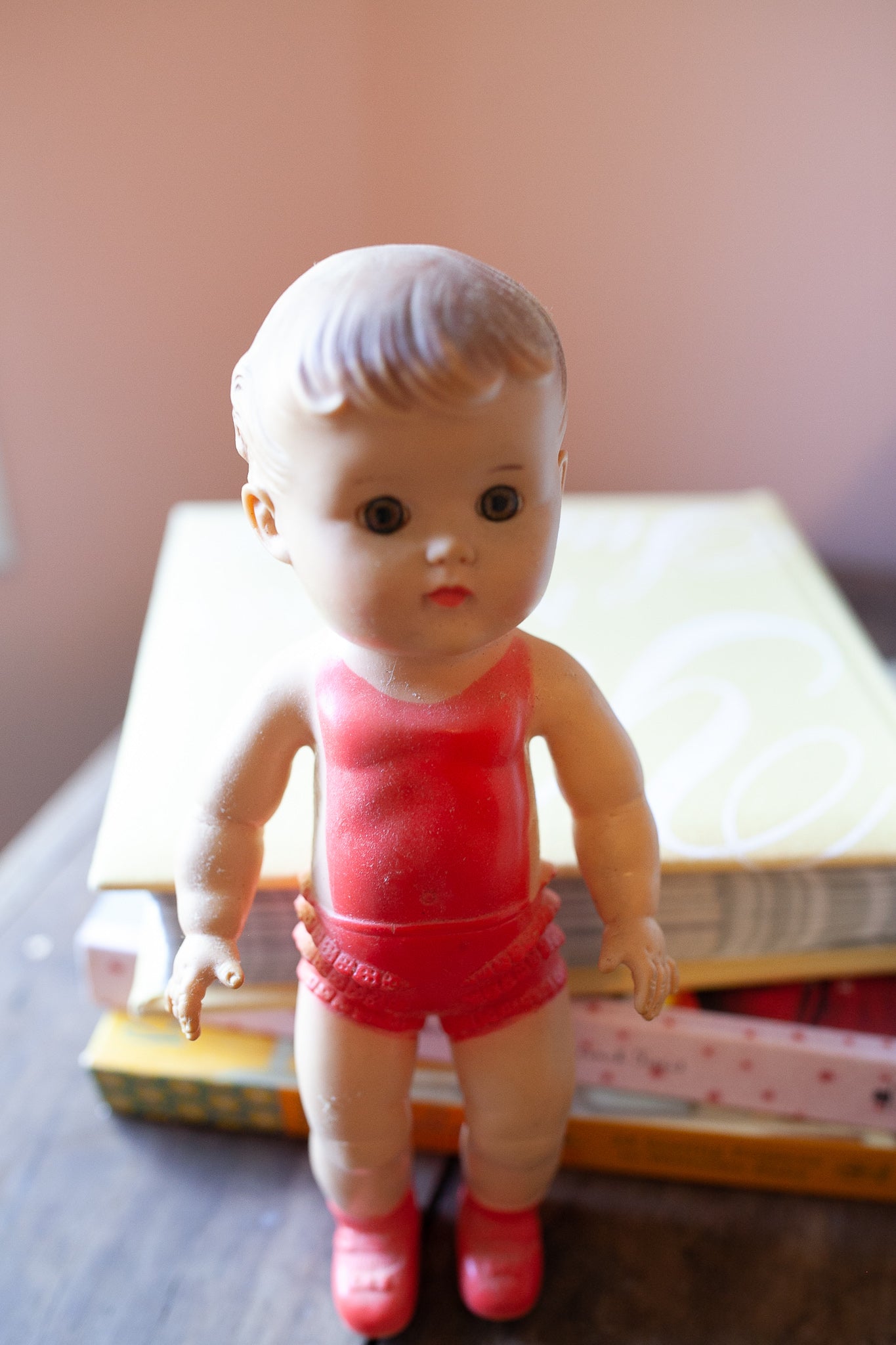 10 inch Tod-L-Dee Sun Rubber Co Girl Squeaker Doll in Red, Vintage