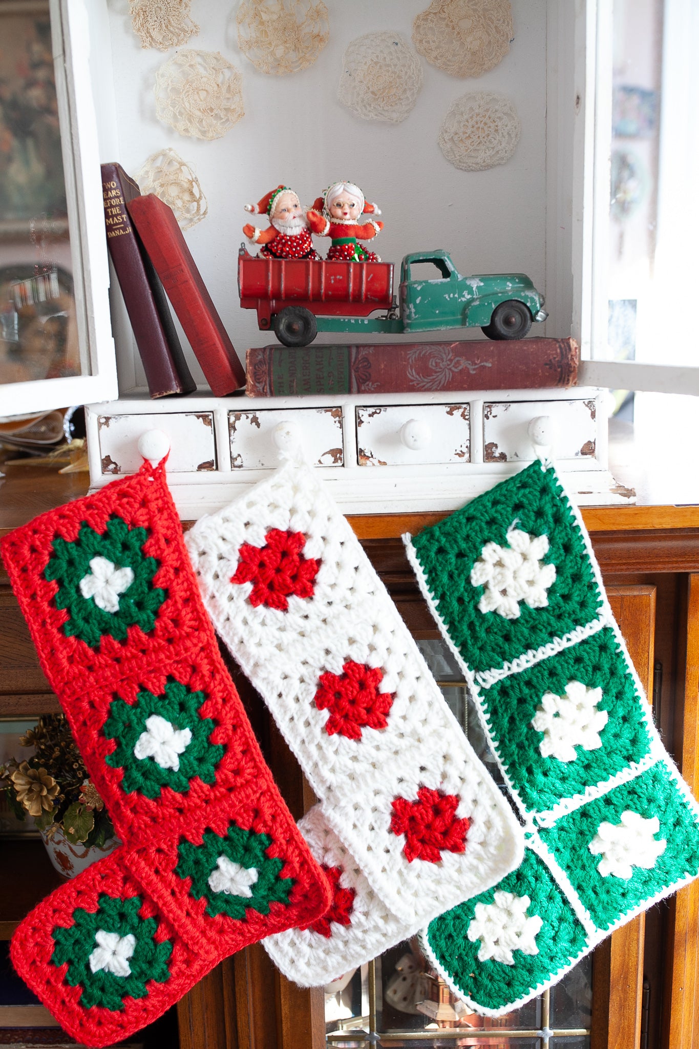Vintage Stocking Trio - Red, White, and Green Stockings