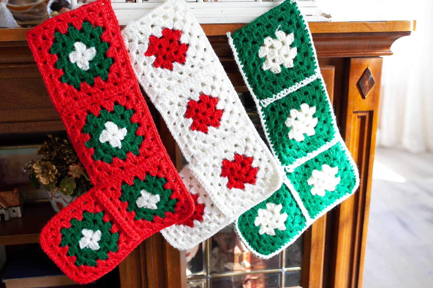 Vintage Stocking Trio - Red, White, and Green Stockings