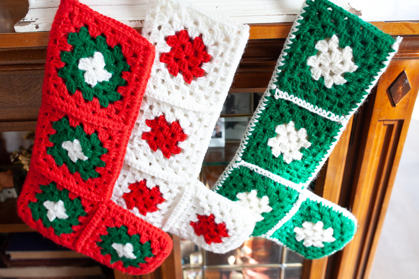 Vintage Stocking Trio - Red, White, and Green Stockings