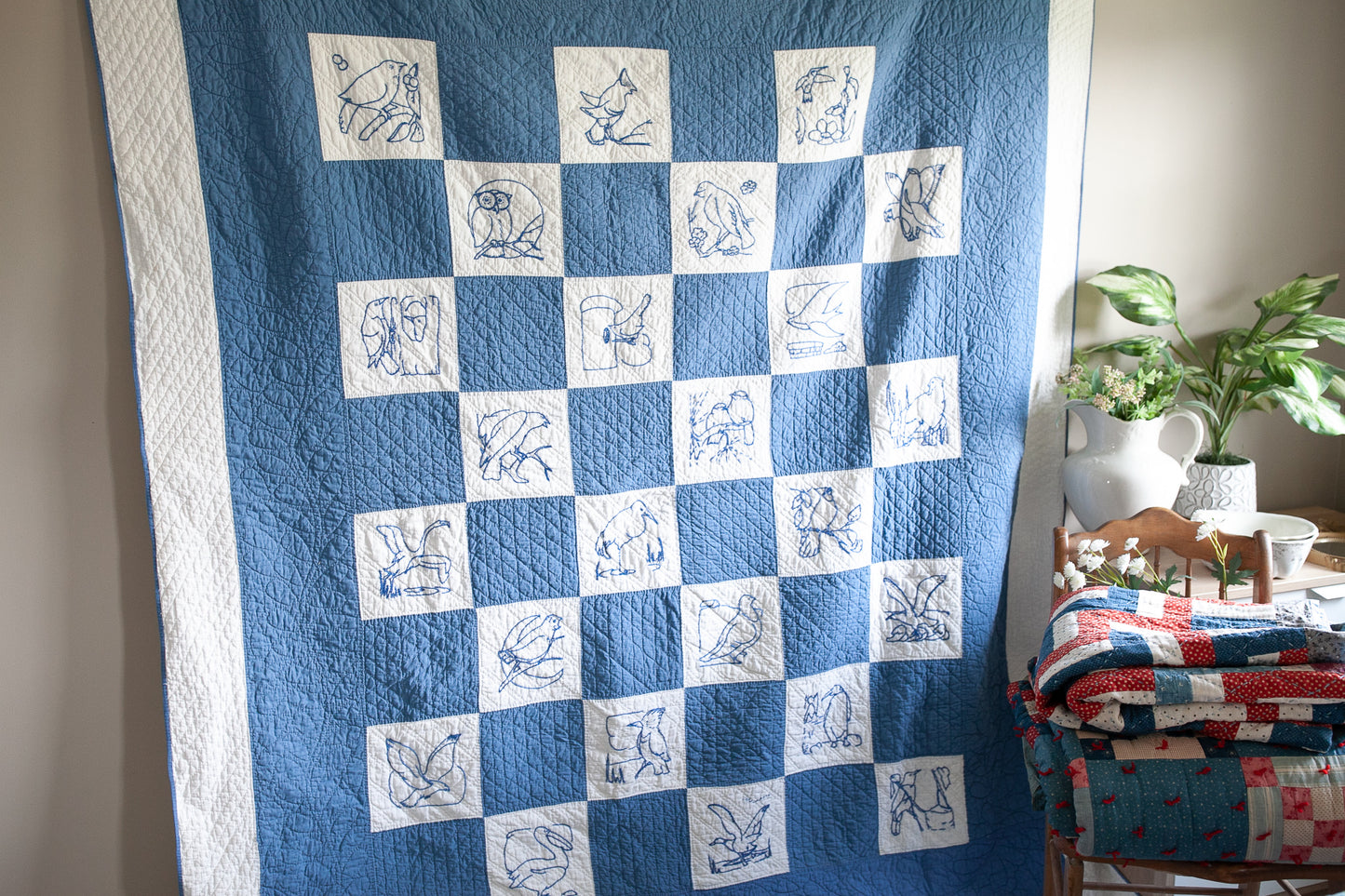 Blue Quilt - Blue and White Quilt - Vintage Quilt - Bird Quilt