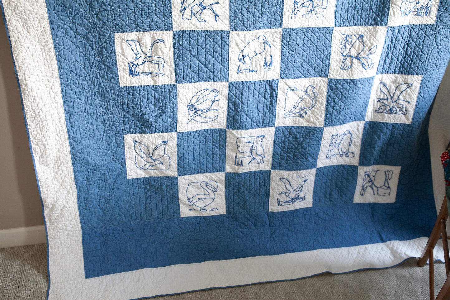 Blue Quilt - Blue and White Quilt - Vintage Quilt - Bird Quilt