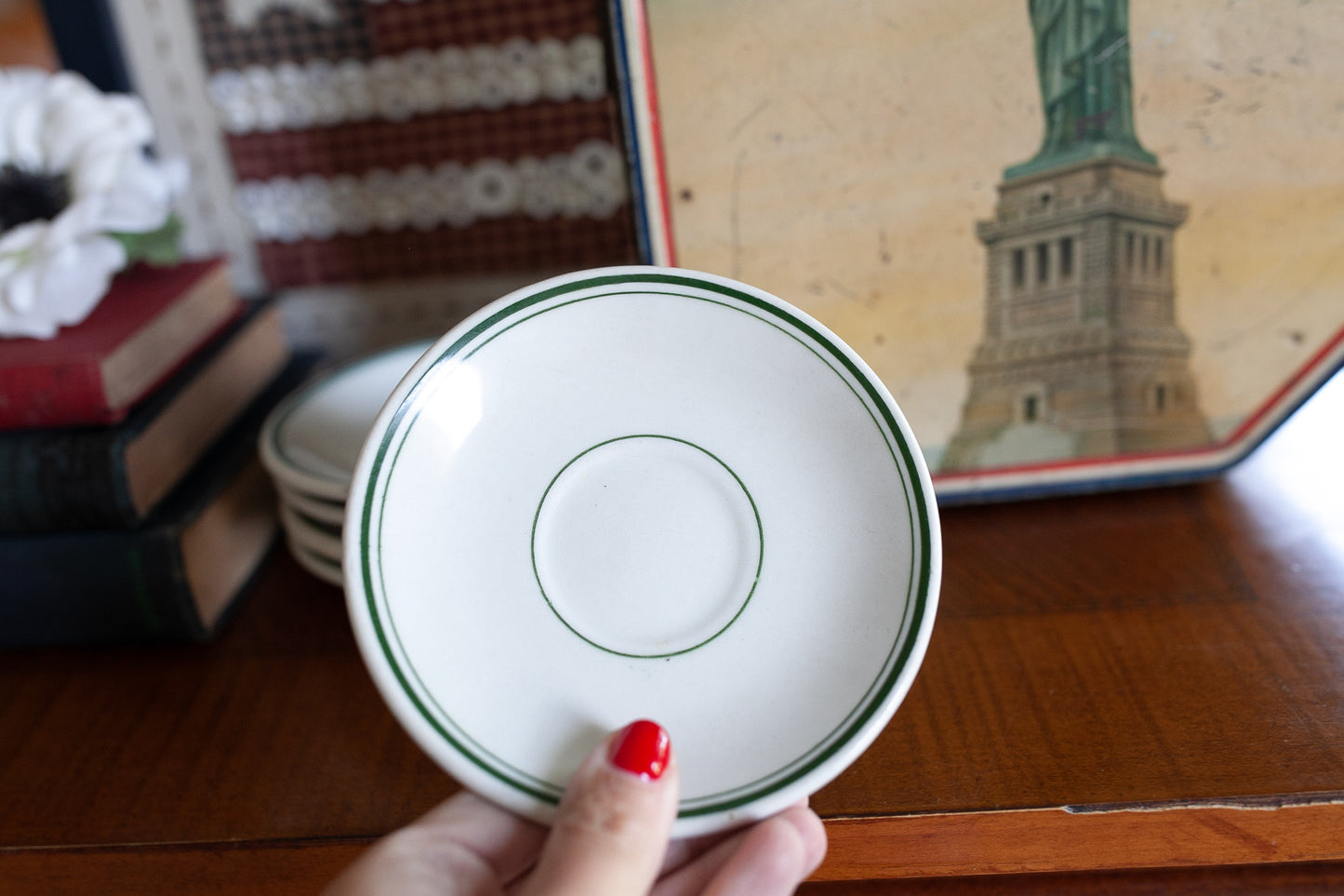 Vintage Plates - Green Rimmed Plates -5 Plates