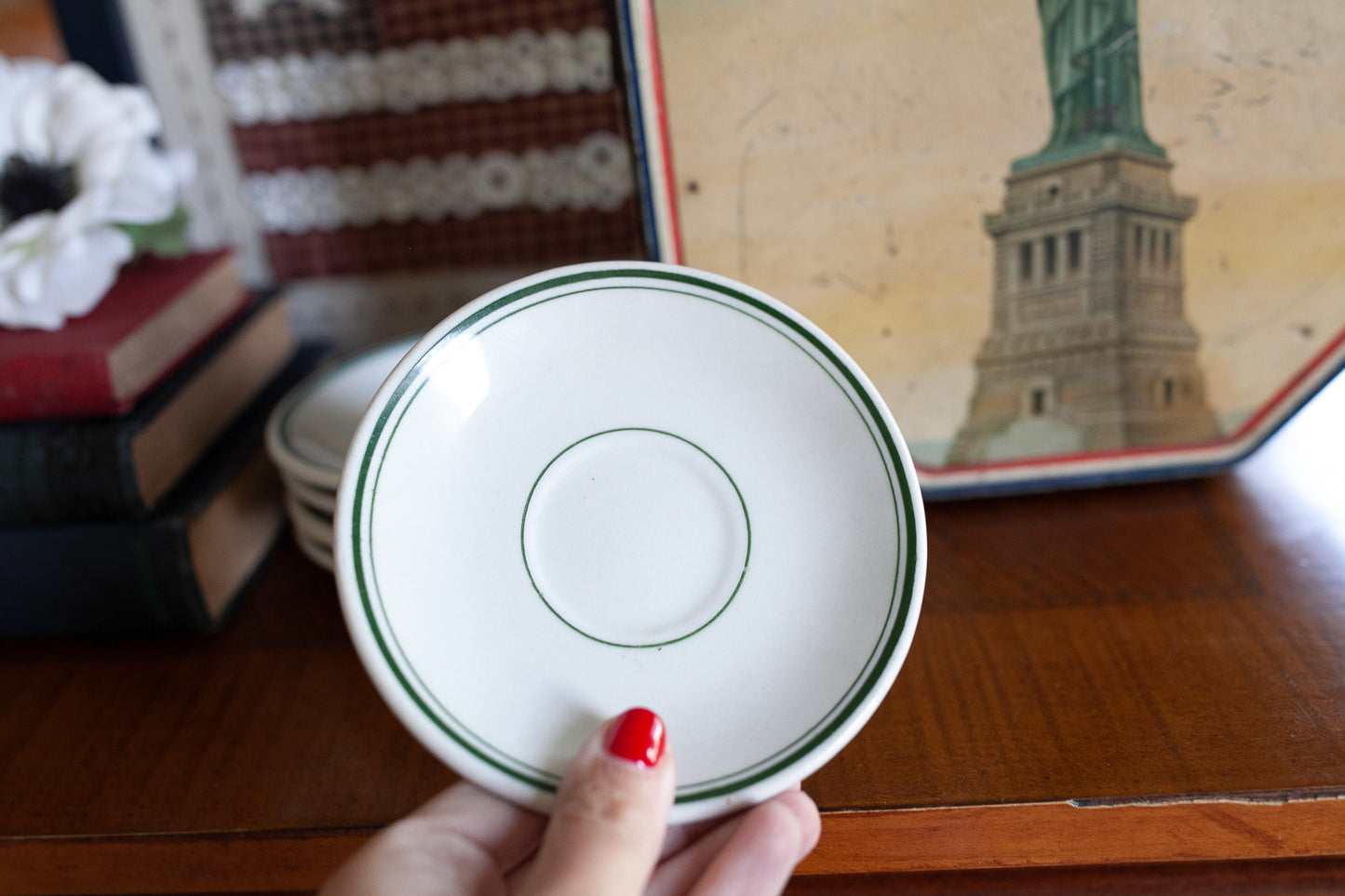 Vintage Plates - Green Rimmed Plates -5 Plates