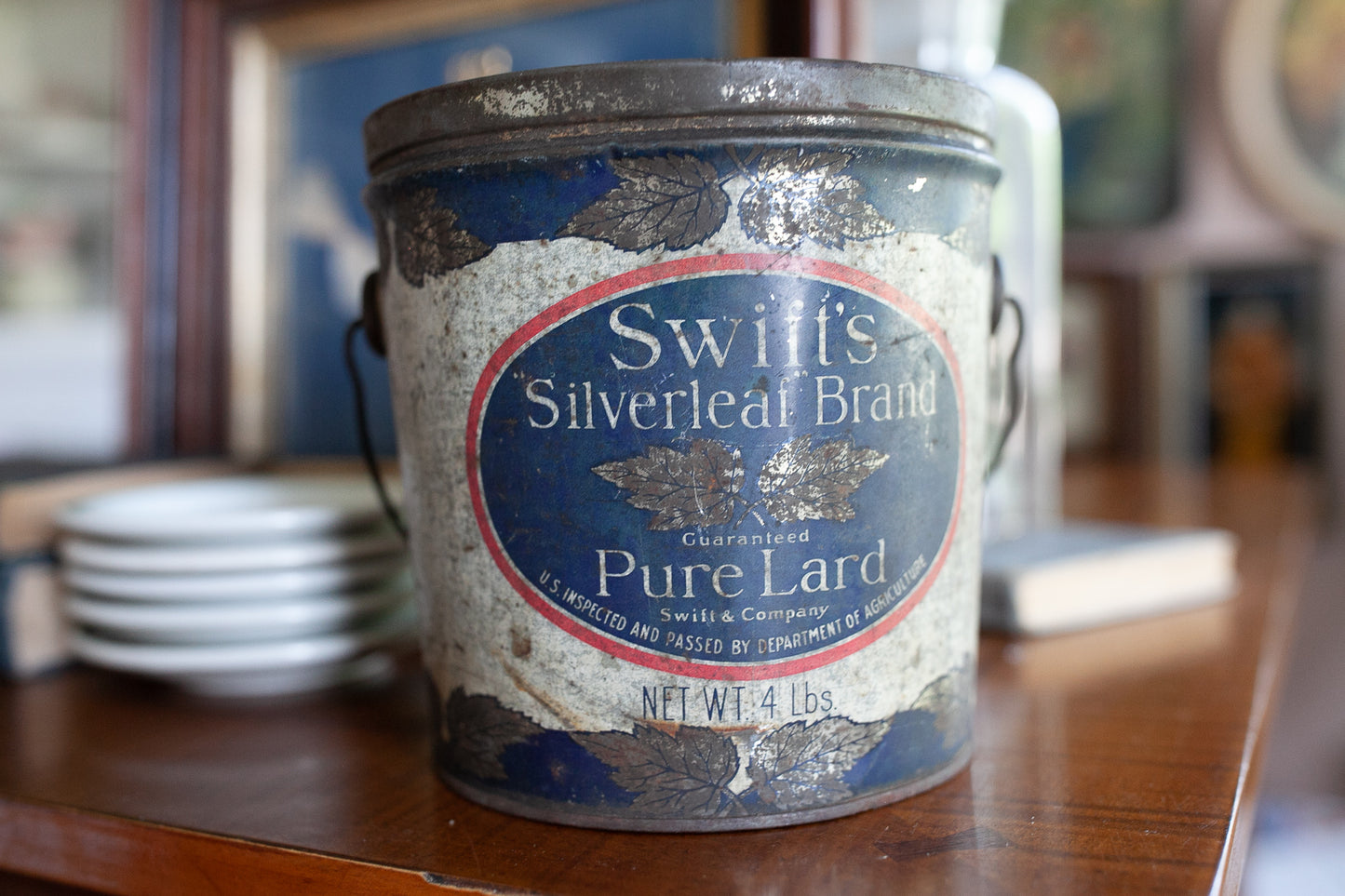 Vintage Tin - Swift's Silverleaf Brand Pure Lard - Red White and Blue Tin