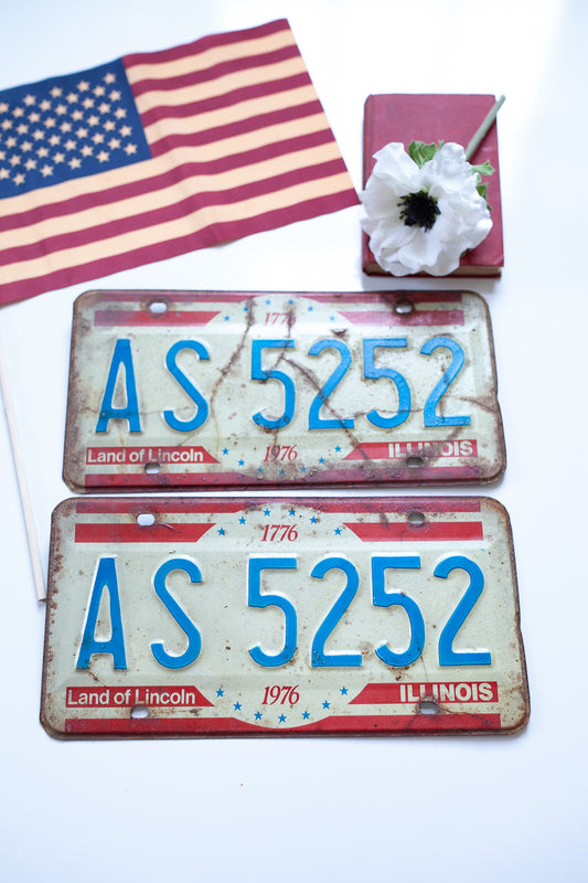 Vintage License Plates - Red, White, and Blue Illinois Plates- 1976 Pair