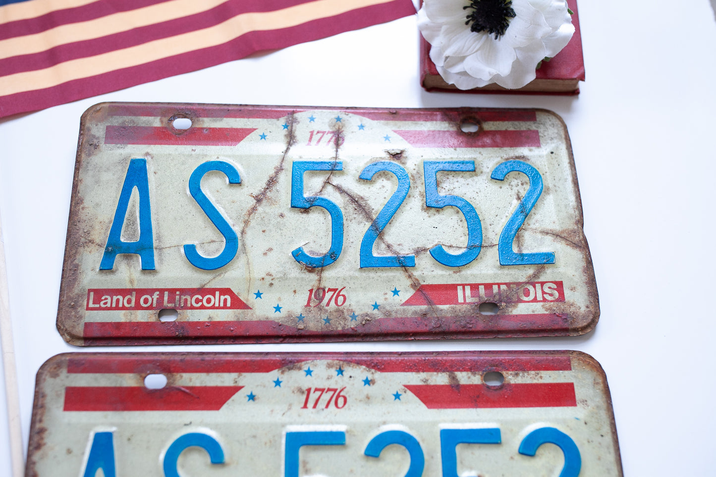 Vintage License Plates - Red, White, and Blue Illinois Plates- 1976 Pair