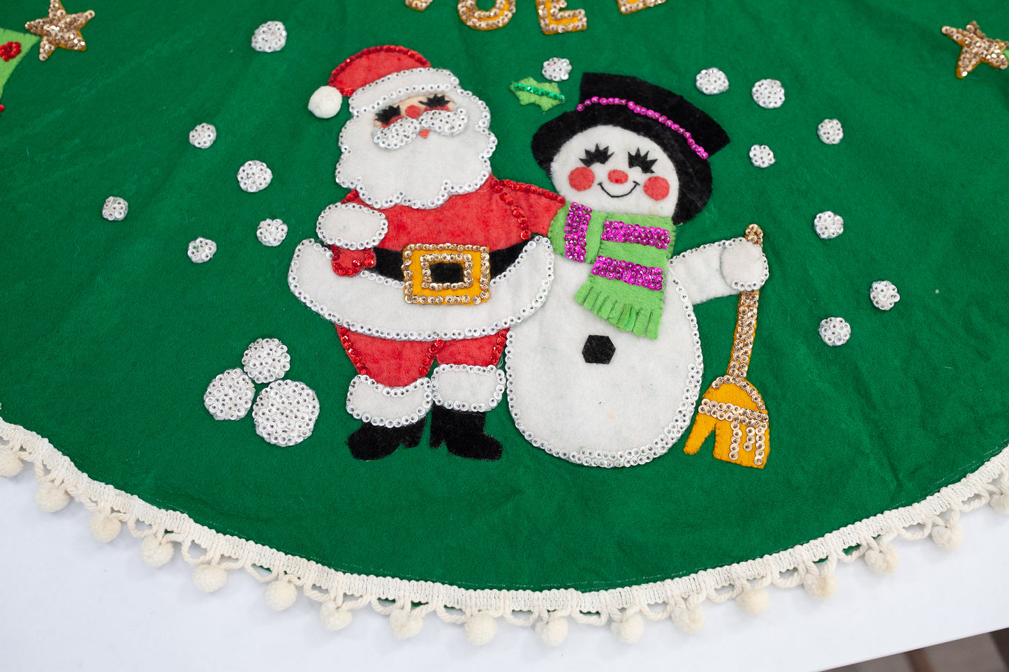 Vintage Completed Bucilla Felt and Sequin Noel Christmas Santa and Snowman Tree Skirt