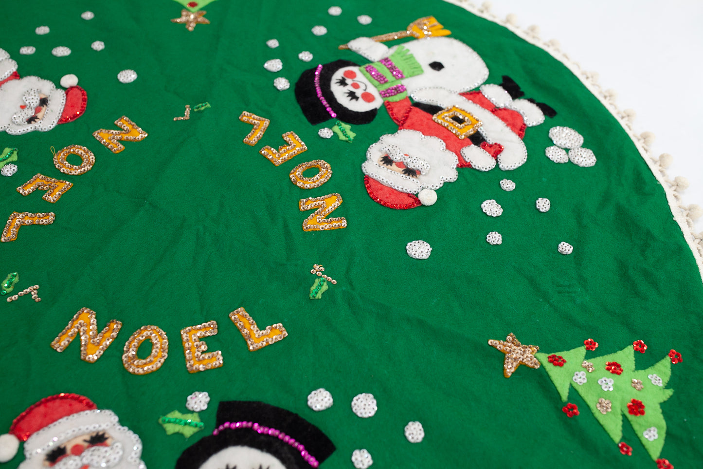 Vintage Completed Bucilla Felt and Sequin Noel Christmas Santa and Snowman Tree Skirt