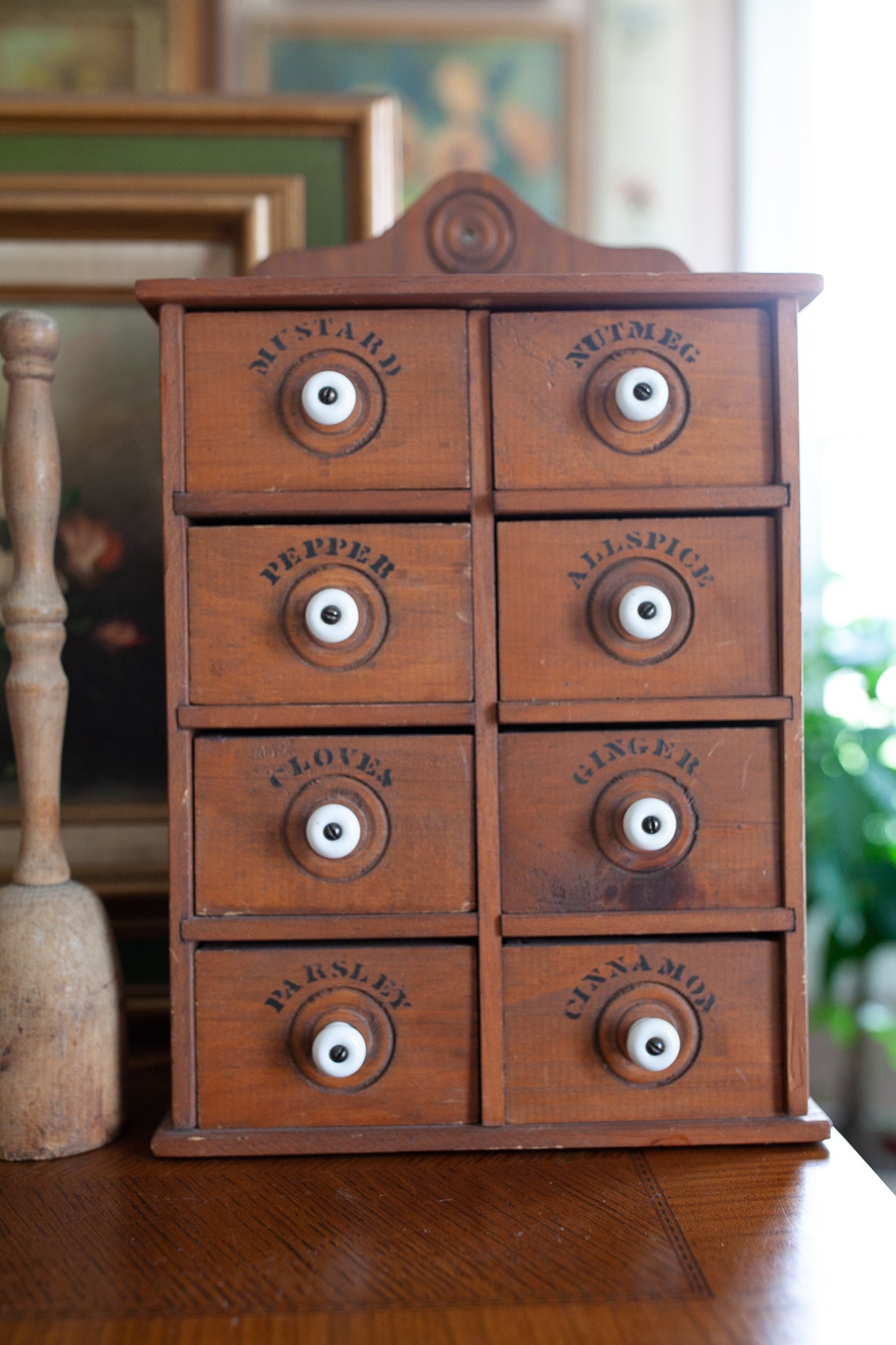 Vintage Spice Drawers - Eight Drawer Wood Spice Cabinet/Porcelain Knobs/Farmhouse/Primitive