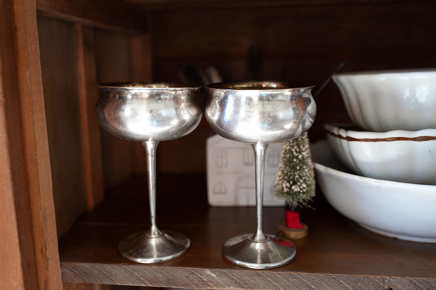 Vintage Champagne Goblets - Silver anniversary cups- Silver Goblets