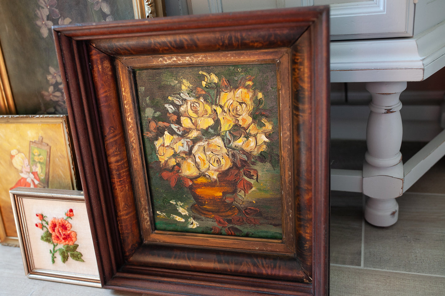 Vintage Framed Floral - Antique Wood Frame Painted Floral Painting - Yellow Flowers
