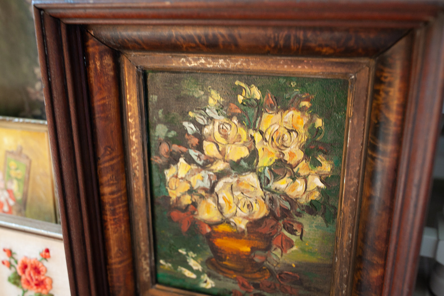 Vintage Framed Floral - Antique Wood Frame Painted Floral Painting - Yellow Flowers