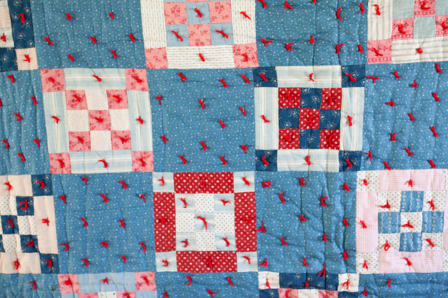 Vintage Quilt -  Red White and Blue Quilt - Tie Quilt -9 patch