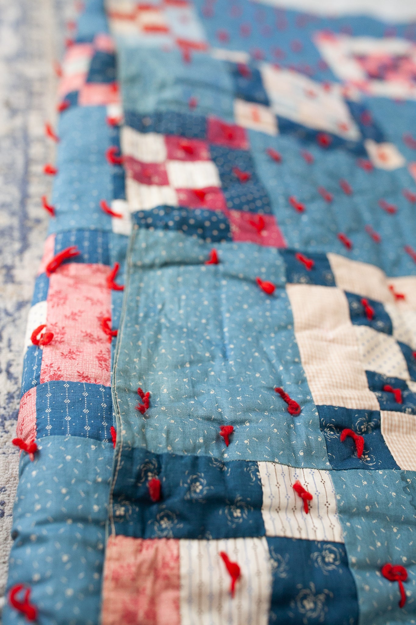 Vintage Quilt -  Red White and Blue Quilt - Tie Quilt -9 patch