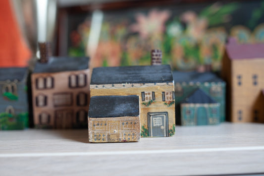 Vintage Painted House- Small House- Wooden House -yellow with floral