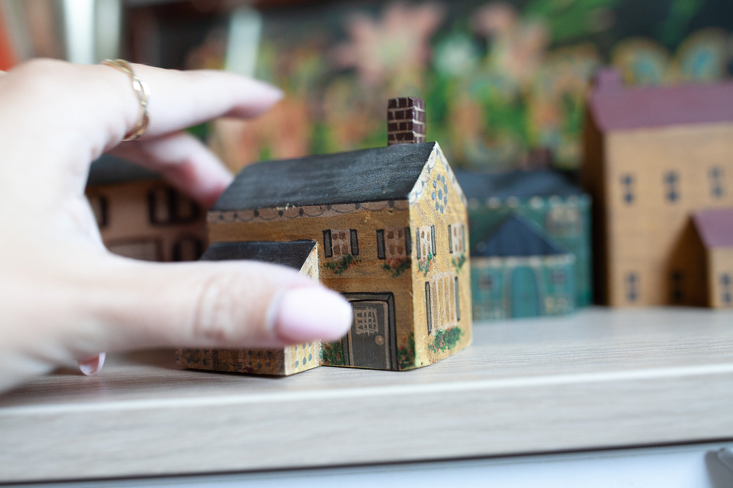 Vintage Painted House- Small House- Wooden House -yellow with floral