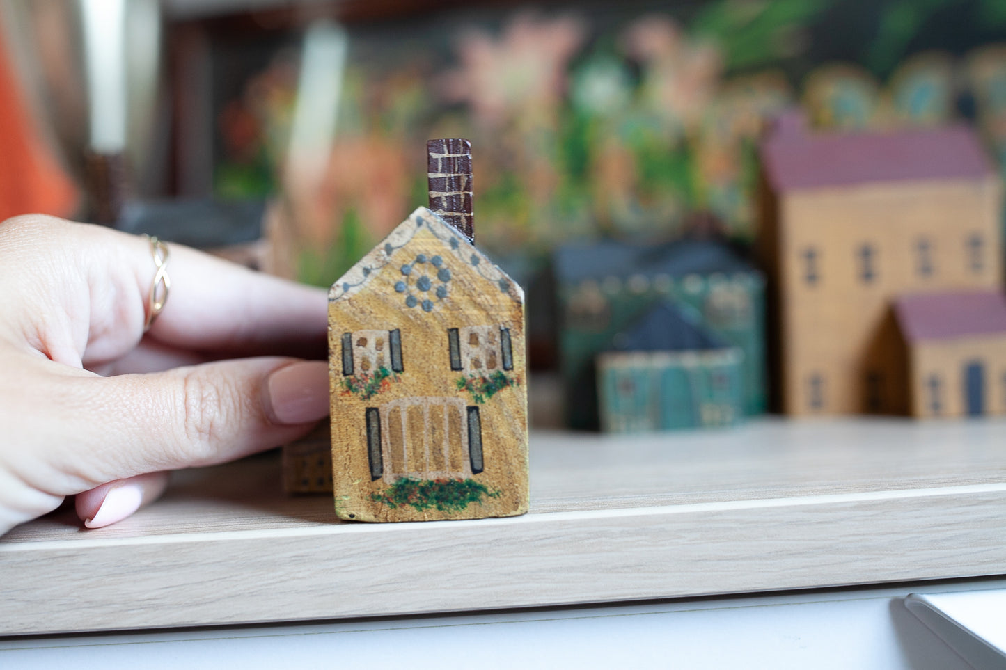 Vintage Painted House- Small House- Wooden House -yellow with floral