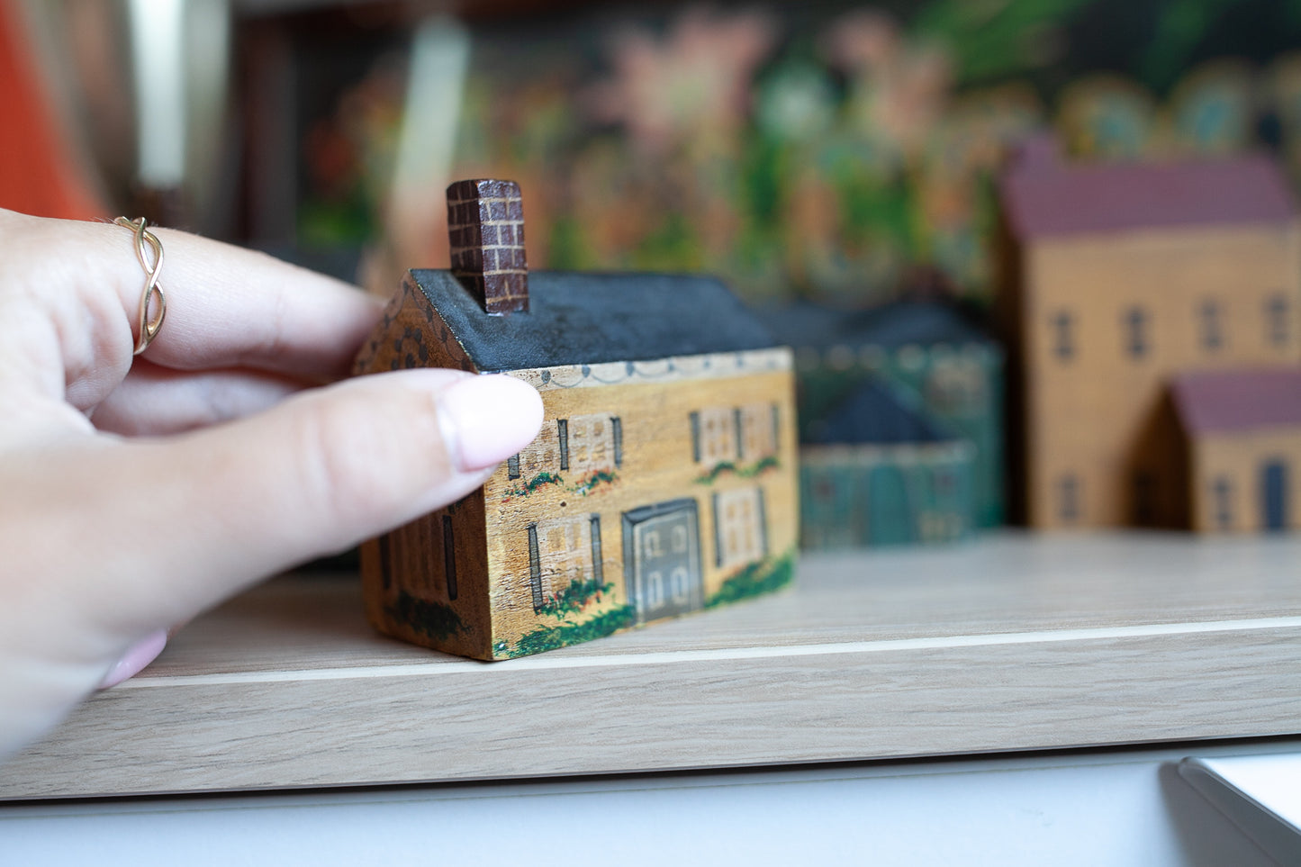 Vintage Painted House- Small House- Wooden House -yellow with floral