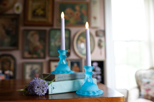 Vintage Candle Stick Holders- Westmoreland Satin Blue Candles Sticks