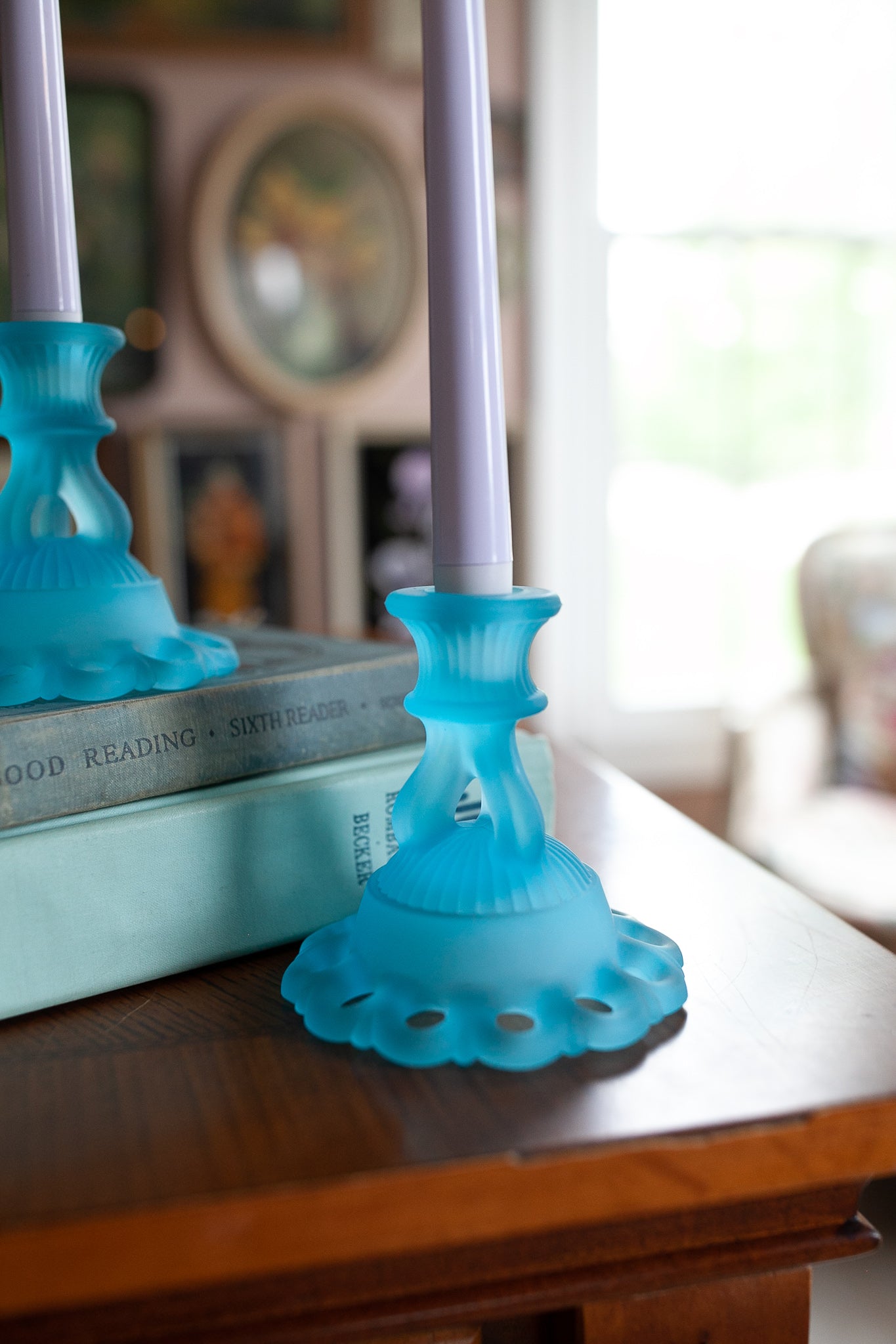 Vintage Candle Stick Holders- Westmoreland Satin Blue Candles Sticks