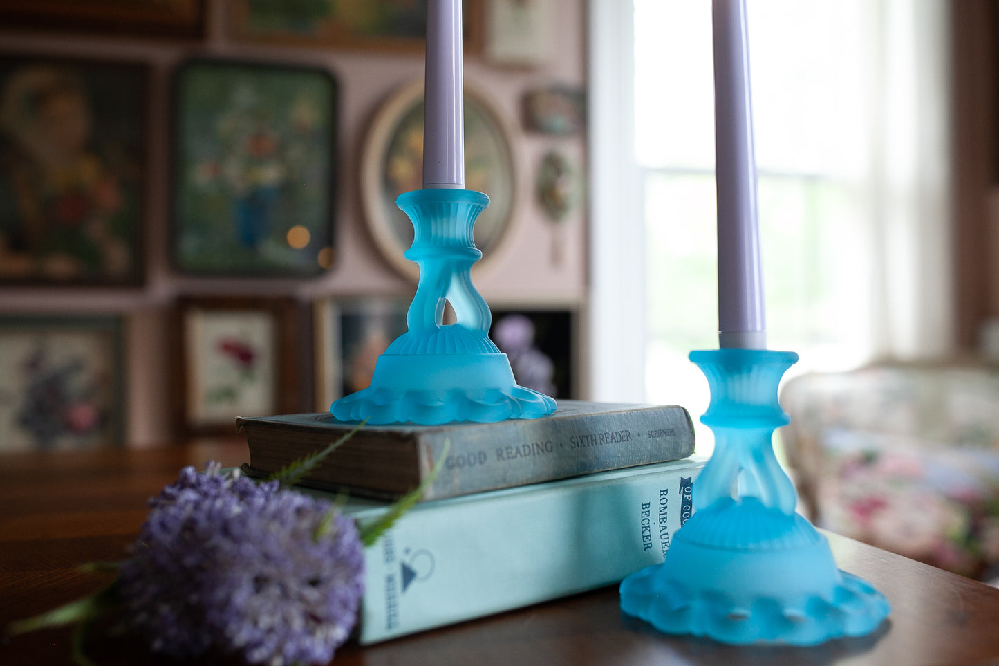 Vintage Candle Stick Holders- Westmoreland Satin Blue Candles Sticks