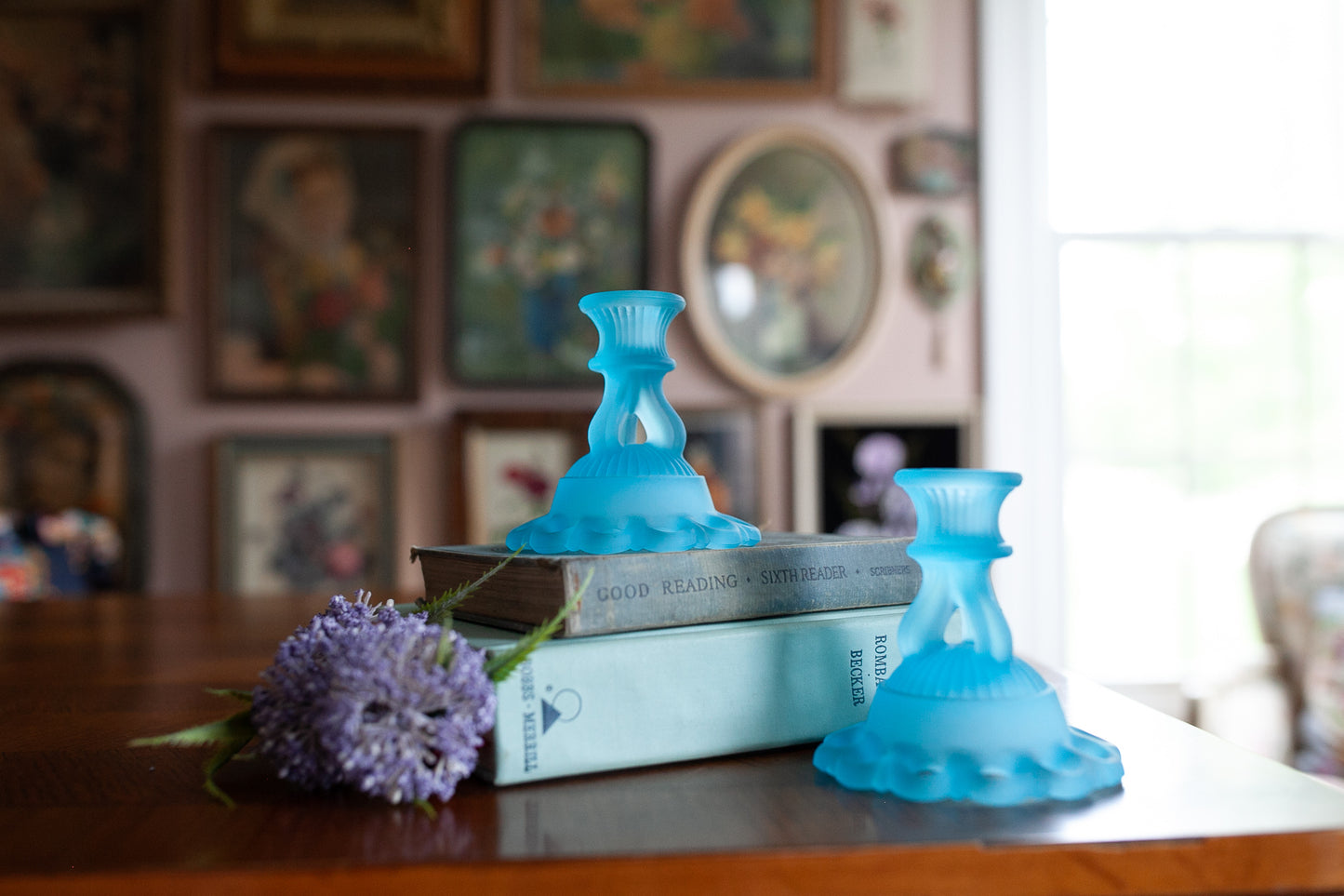 Vintage Candle Stick Holders- Westmoreland Satin Blue Candles Sticks