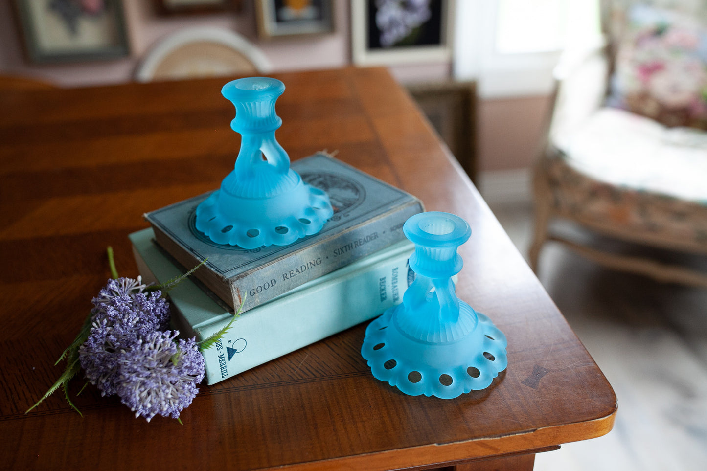 Vintage Candle Stick Holders- Westmoreland Satin Blue Candles Sticks