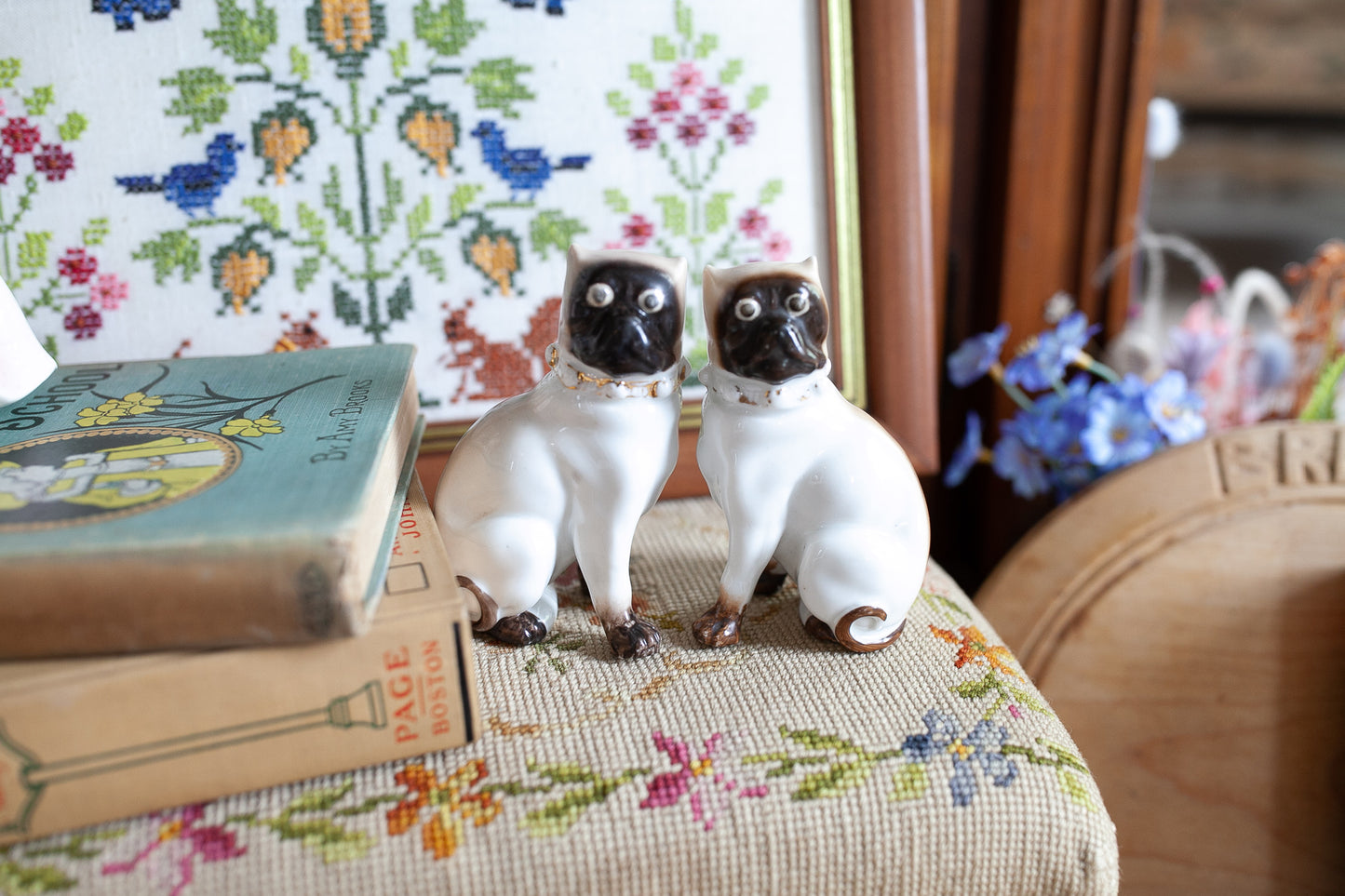 Antique Victorian Pug Dogs- Mantel Figurines- 1900s Decor