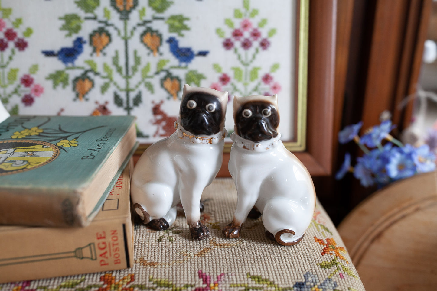 Antique Victorian Pug Dogs- Mantel Figurines- 1900s Decor