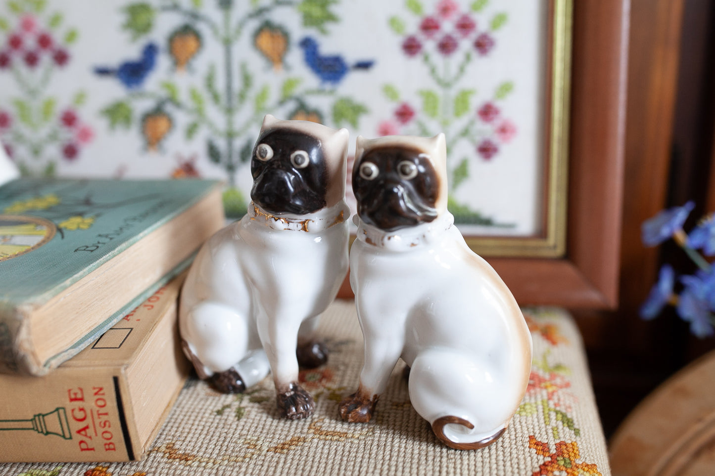 Antique Victorian Pug Dogs- Mantel Figurines- 1900s Decor