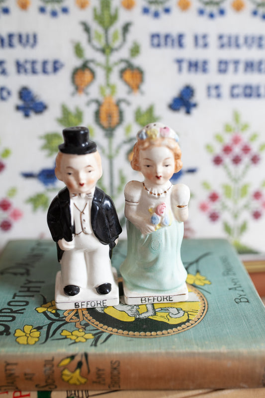 Vintage Wedding Salt and Pepper Shakers- Bride and Groom- Vintage Before and After -Anniversary present