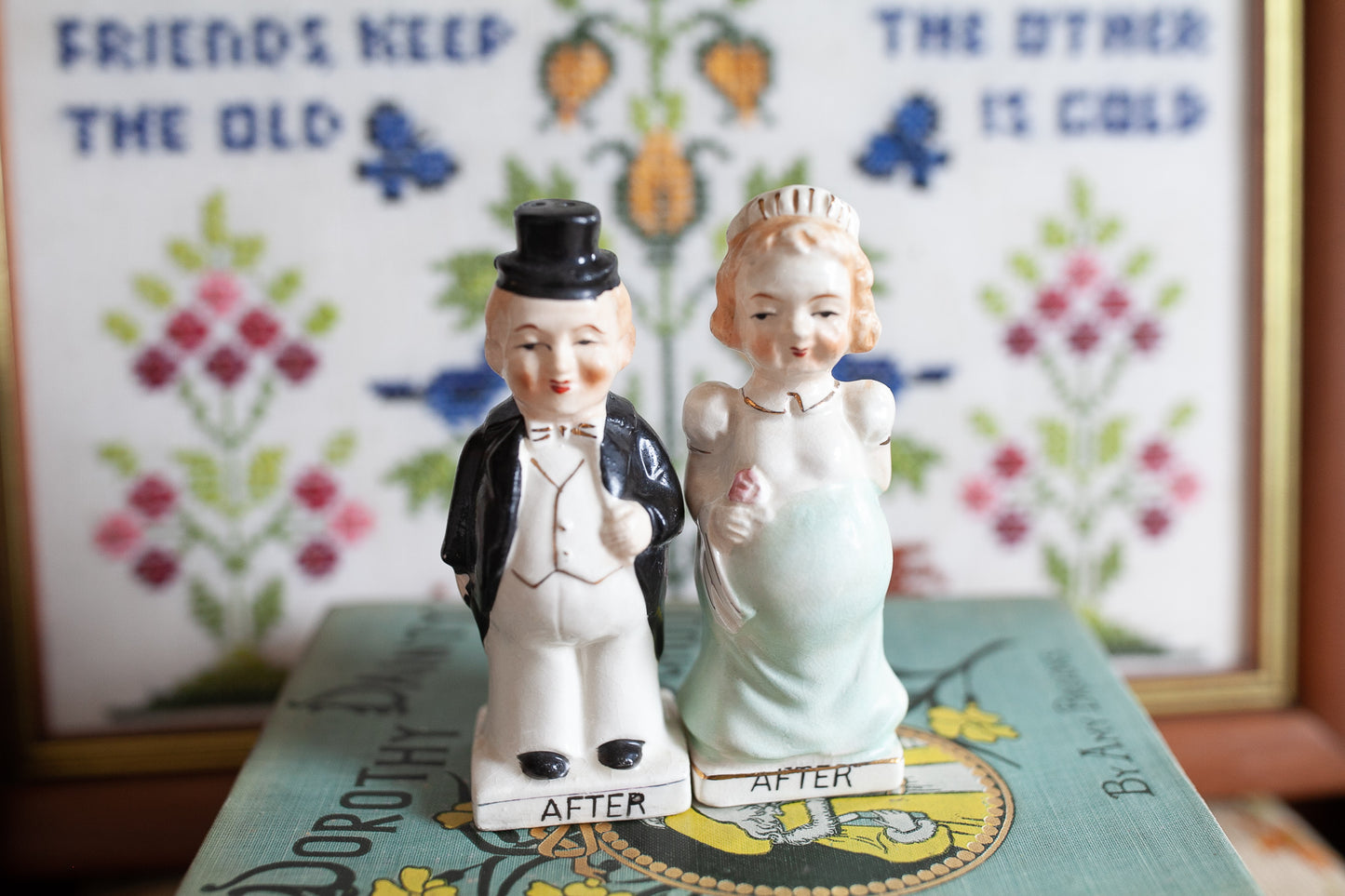 Vintage Wedding Salt and Pepper Shakers- Bride and Groom- Vintage Before and After -Anniversary present