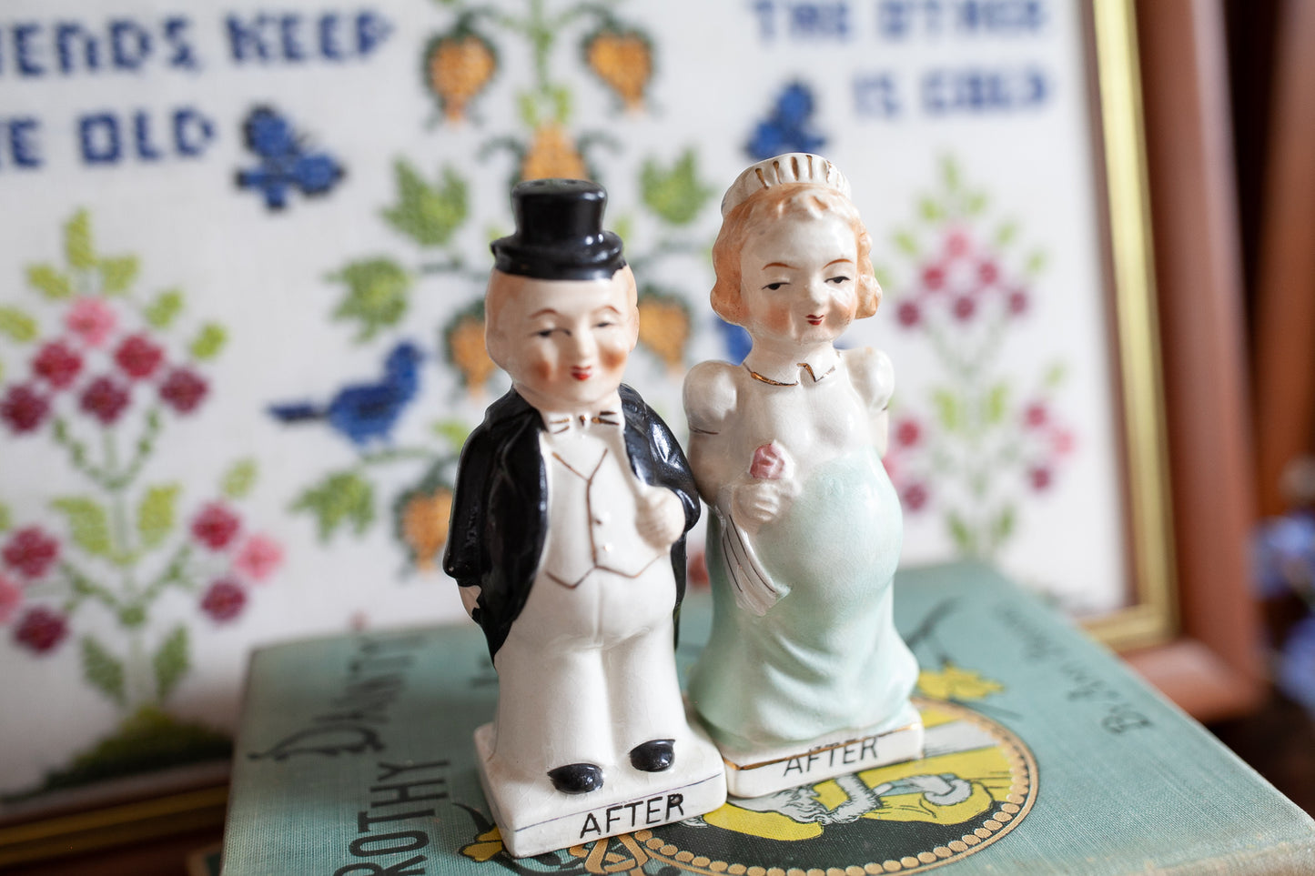 Vintage Wedding Salt and Pepper Shakers- Bride and Groom- Vintage Before and After -Anniversary present