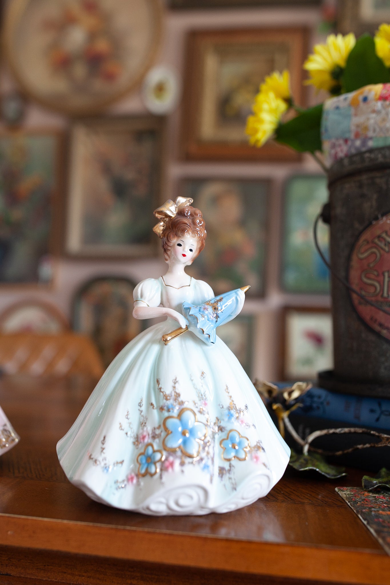 Josef Originals Figurine - White and Blue Parasol Porcelain Lady - Love Makes the World Go Round Series