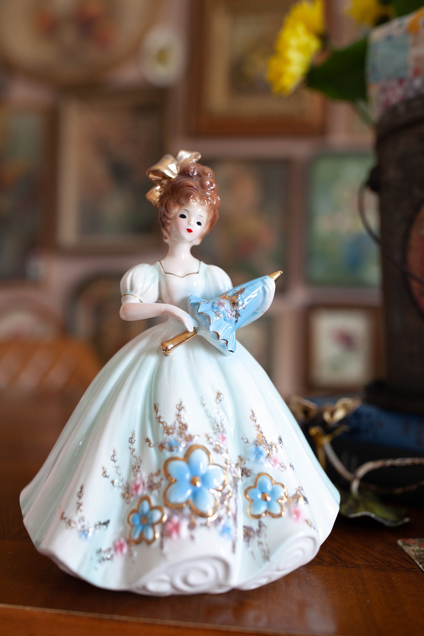 Josef Originals Figurine - White and Blue Parasol Porcelain Lady - Love Makes the World Go Round Series